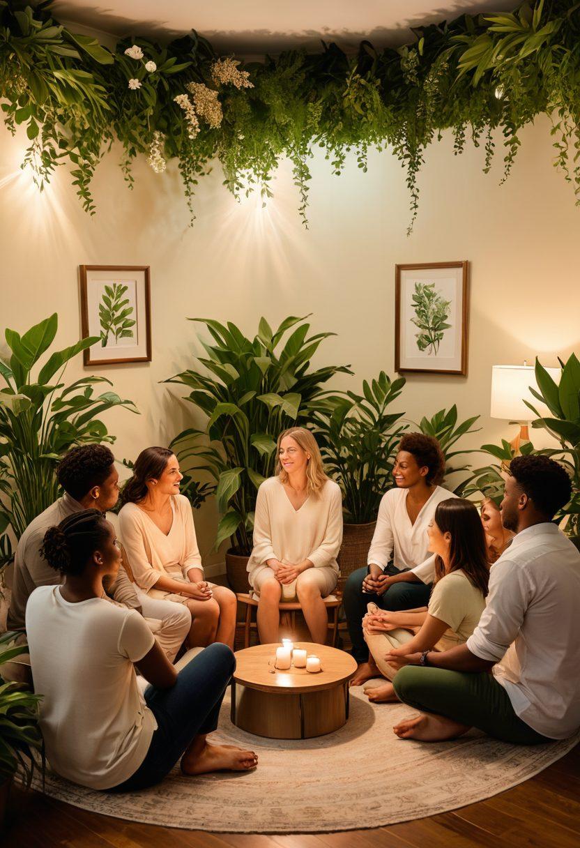 A diverse group of people, sitting in a circle, sharing their thoughts and emotions in a warm, inviting room filled with plants and soft lighting. Display various support resources like books and calming quotes on the walls. Include a sense of connection, empathy, and understanding among the participants. A soft color palette, emphasizing tranquility and harmony. super-realistic. warm colors. cozy atmosphere.