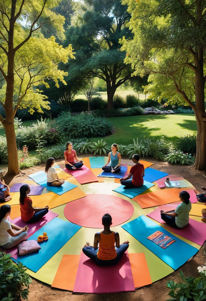 A serene community center surrounded by diverse people engaging in various wellness activities like yoga, meditation, and group discussions. Include natural elements like trees and flowers to symbolize growth, and incorporate icons representing mental health resources like support groups and counseling. The atmosphere should feel warm and inviting, radiating positivity and emotional support. super-realistic. vibrant colors. sunny day.
