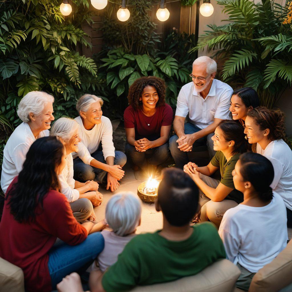 A diverse group of people in a circle, smiling and sharing stories, representing various age groups and backgrounds. Soft, warm lighting creates a welcoming ambiance, with hands gently touching each other's shoulders for support. Include elements like plants and cozy seating to enhance the comforting atmosphere. super-realistic. vibrant colors. warm tones.